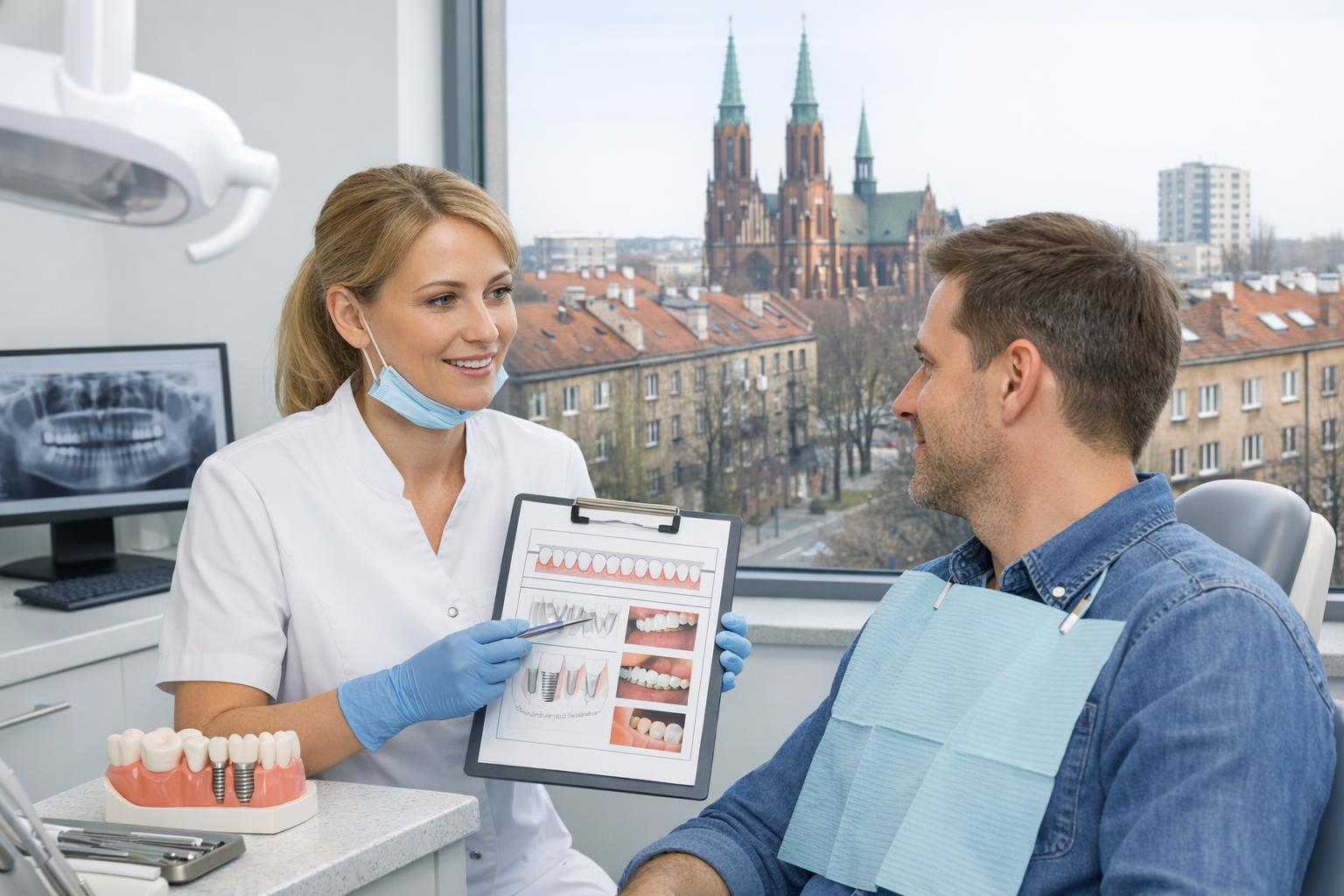 Pacjent rozmawiający z dentystą o planie leczenia na Pradze Południe